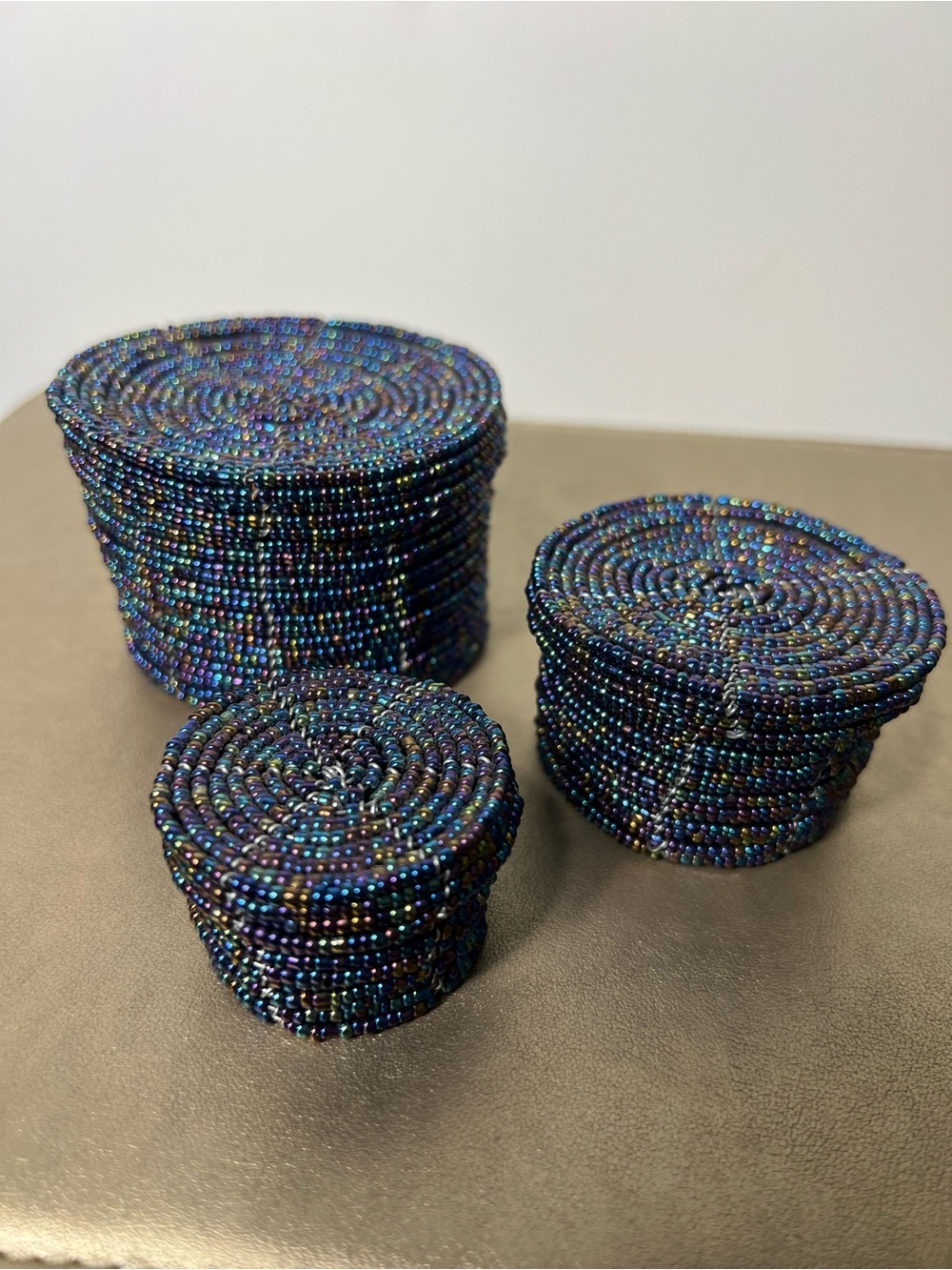 Iridescent Beaded Nesting Trinket Boxes - Set of 3